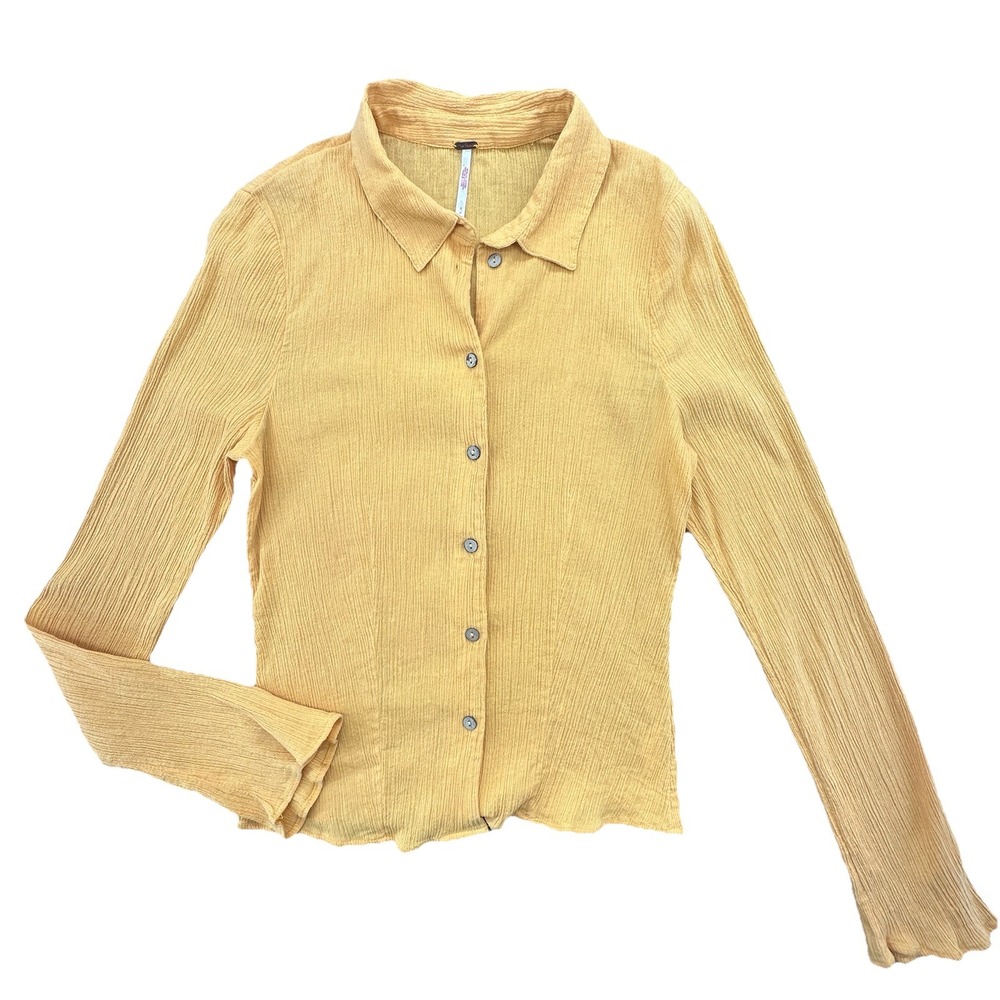 Free‎ People Womens S Textured Yellow Mustard Button Down Cotton Shirt